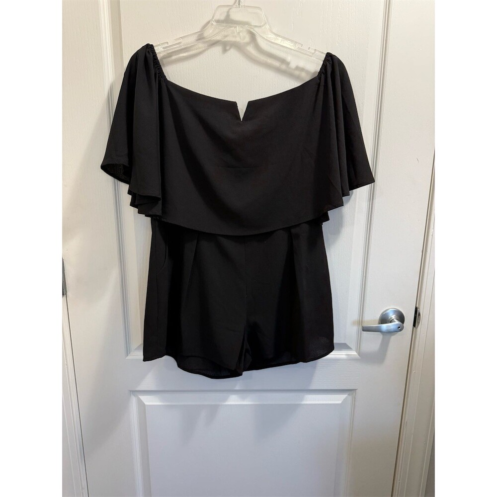 ee:some Romper Womens Size L Black Off Shoulder Ruffle Flutter Sleeve sku593